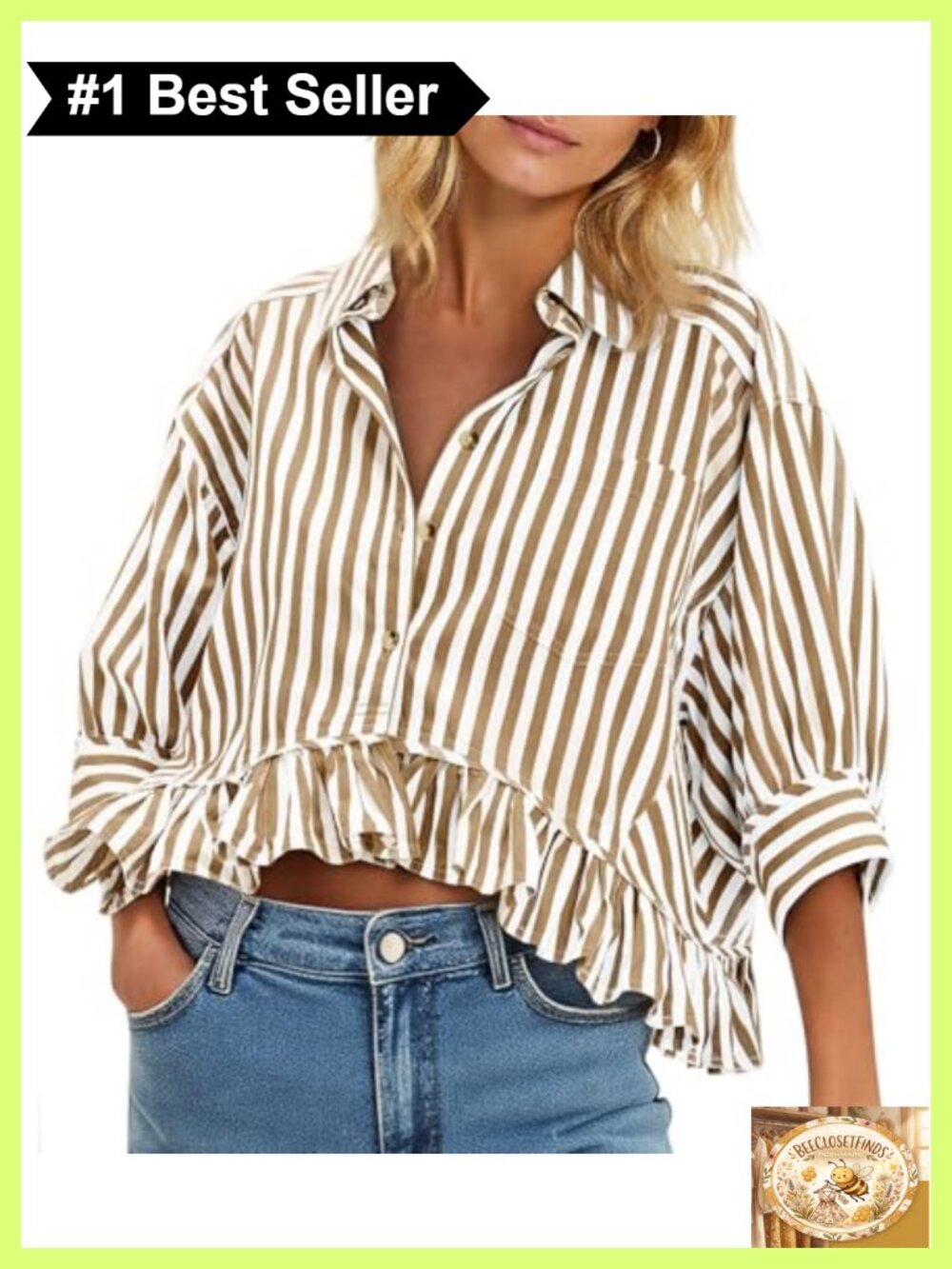 Cotton Cropped Striped Button Down Shirt Ruffle 3/4 Sleeve V-Neck Work Top